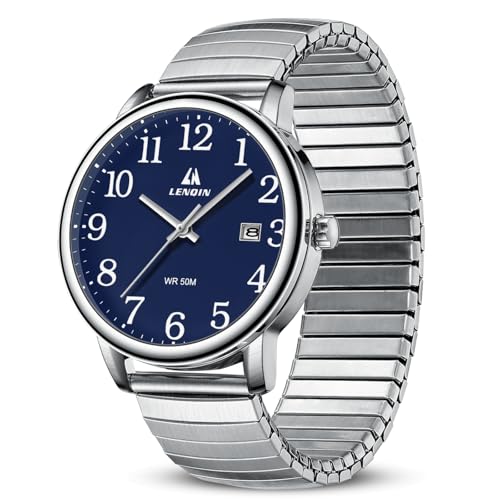 LN LENQIN Mens Watches Easy Read Analog Quartz Sport Waterproof Watch for Men with Date and 38mm Stainless Steel Expansion Band