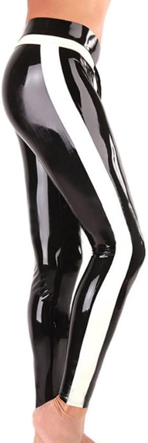 Mens Black Latex Leggings with White Side Stripes,Handmade Latex Pants,Suitable for Cosplay Novelty Latex Club Costumes