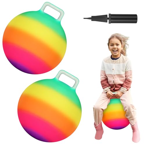 Poen 2 Pcs Bouncing Ball with Handle, Hopper Jumping Hopping Ball with Air Pump for Games18 Inch,Rainbow