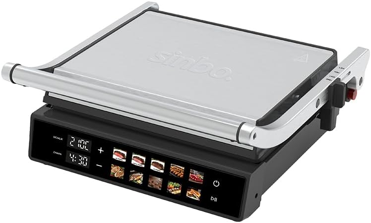 Sinbo SSM-2597 10 Ön Ayarlı Dijital Ekranlı Sıcaklık ve Zaman Göstergeli Döküm Plakalı Izgara ve Tost Makinesi 2000W