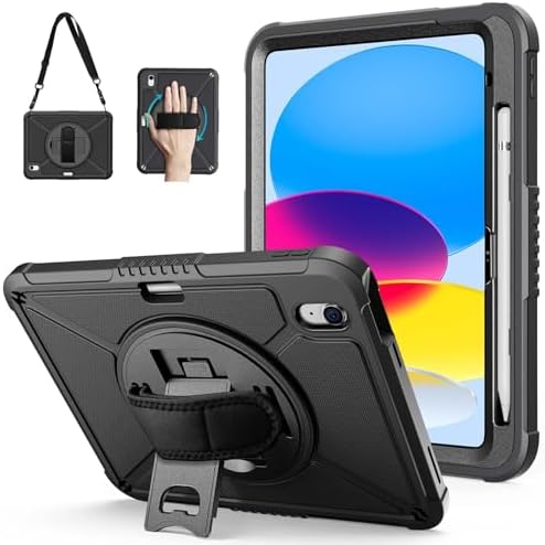 ZtotopCases for iPad A16 11th10th Generation 1110.9 20252022, Heavy Duty Case with Screen Protector & 360-Rotating Hand Strap, Full-Body Drop Protection Cover, Black