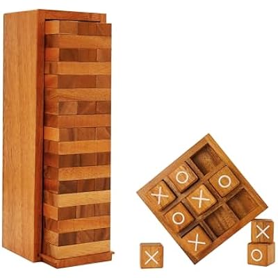 BSIRI Wooden Tic Tac Toe & Tumbling Tower for Family Fun and Living Room Coffee Table Camping Decor and Outdoor or Tabletop Games with Classic Tic Tac Toe and Stiacking Block Game