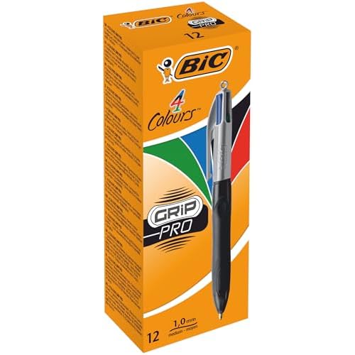 BIC 4 Colours Grip Pro Retractable Medium Point 1.0 mm Ballpoint Pens, 12 Pens and Each Pen Contains 4 Colours