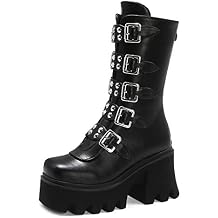 YIYA Black Platform Goth Boots for Women Studded Wide Mid Calf Combat Punk Boots Round Toe Buckle Chunky Heel Back Zipper Thick Sole Ankle Booties