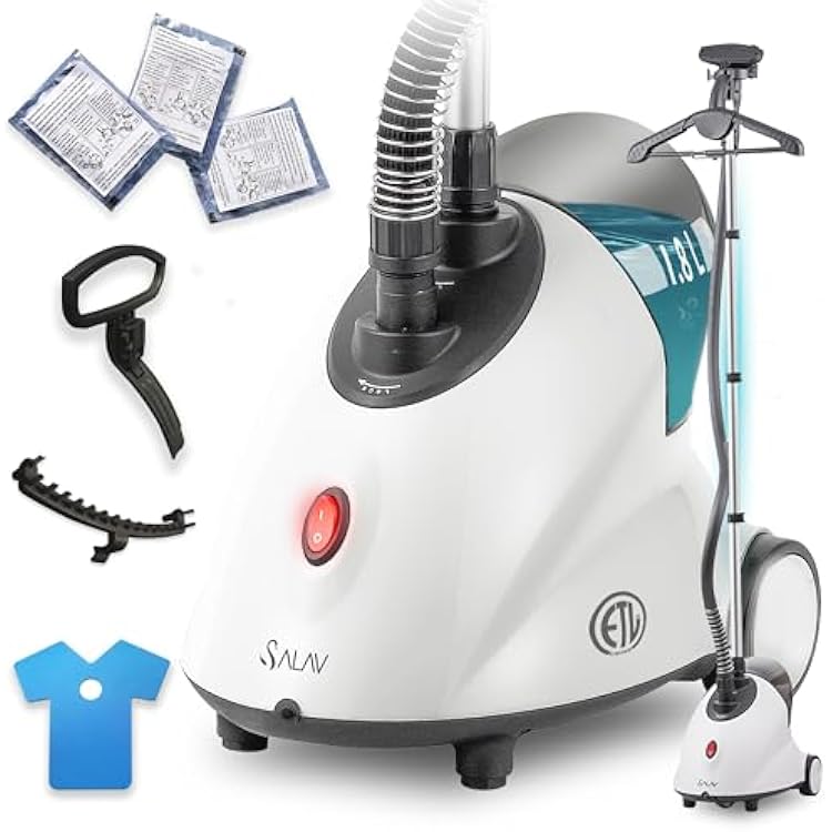 SALAV Standing Garment Steamer with Roll Wheels for Easy Movement, 1.8L Water Tank for 1 Hour Continuous Steaming, Adjustable Pole for Storage, 1500 watts and Accessories Pack