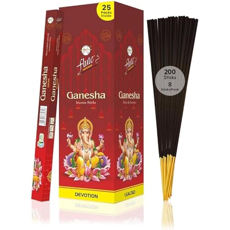 Flute Ganesha Incense Sticks Floral Indian Incense for Prayer, Devotion & Positive Energy 8 AgarbathiPack, 25 PacksBox 9 Inch, 200 Agarbatti | 40 Minutes Burn Time