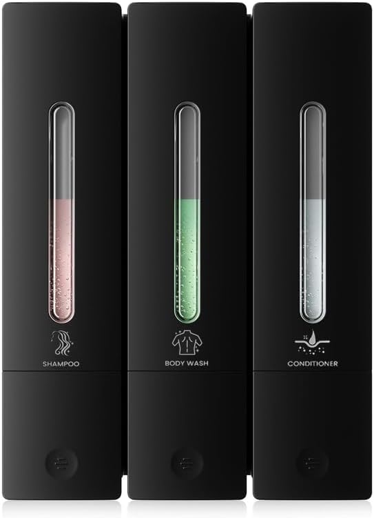Shampoo and Conditioner Dispenser Wall Mounted, No Drill Shampoo Dispensers for Shower, Shower Gel Dispenser for Bathroom Hotel (3 Chamber-Matte Black)
