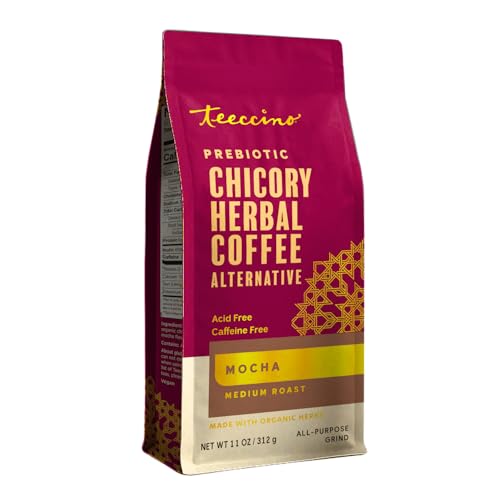 Teeccino Mocha Chicory Coffee Alternative - 11 Ounce - Ground Herbal Coffee Thats Prebiotic, Caffeine-Free & Acid Free, Medium Roast