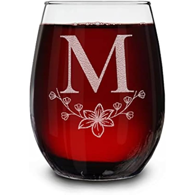 Floral Monogram Engraved Initial Letter Stemless Wine Glass 15 oz. Personalized Monogrammed Custom Gift M