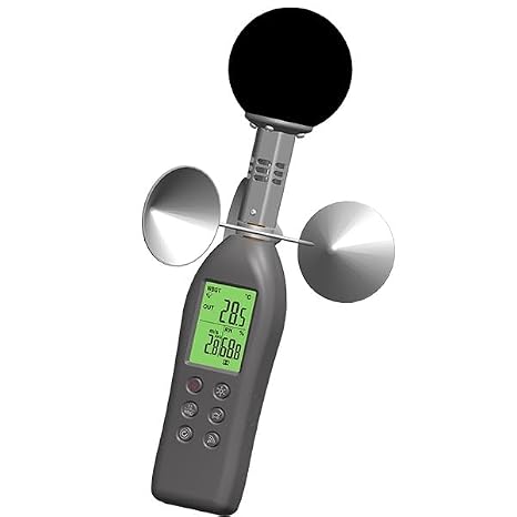 WBGT Heat Stress Meter Anemometer, Handheld Wet Bulb Globe Temperature Heat Index Checker with 3 Air Flow Cup, 75 mm Black Ball
