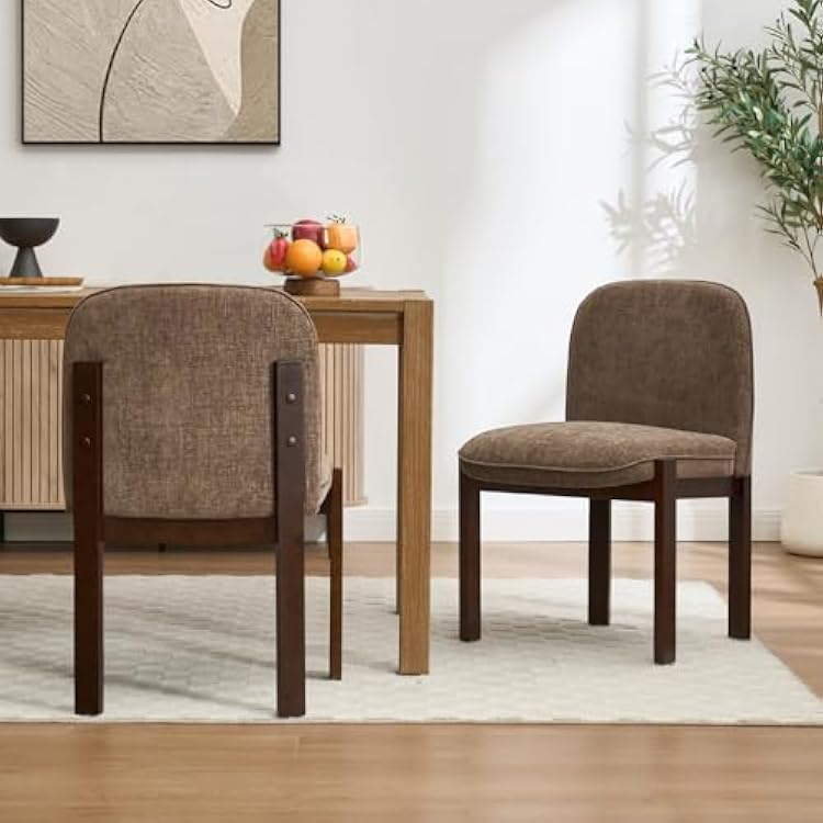 Farmhouse Wooden Dining Chairs Set of 2, Modern Upholstered Fabric Kitchen & Dining Room Chairs, Comfy Walnut Accent Side Reading Armless Chair with Foot Pegs, Brown