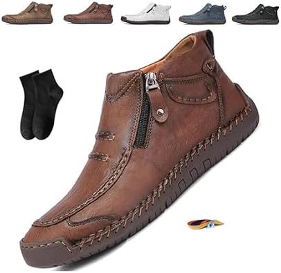 Mens Slip-On Orthopedic Leather Boots,Mens Handmade Premium Leather Slip-On Driving Boots,Men Side Zipper Orthopedic Shoes for Driving Hiking