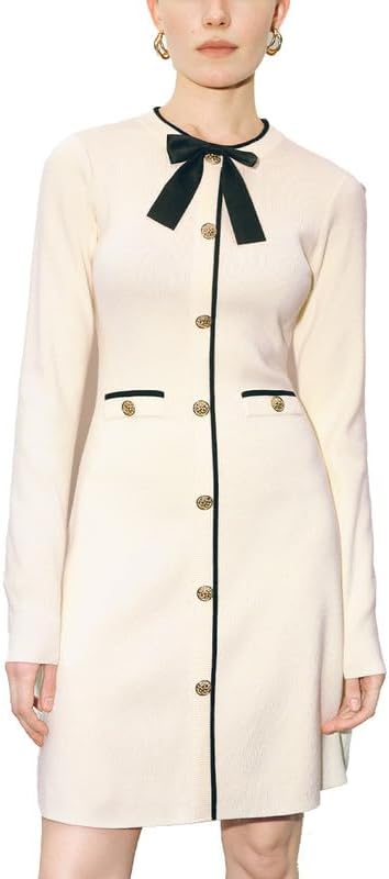 URBAN REVIVO Women's Sweater Dress Long Sleeve Knit Button Down Dress Bow Tie Crew Neck Mini A-Line Dresses Fall Winter