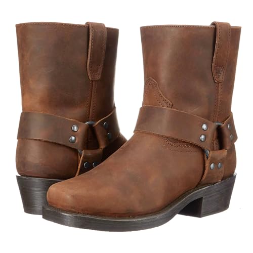 Mens Western Cowboy Ankle Boots Brown Motorcycle Harness Boots Chunky Heel Pull-on Chukka Booties