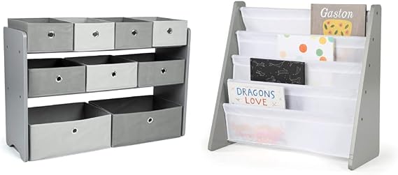 Humble Crew Kids Toy Organizer with 9 Storage Fabric Bins, Grey & Grey/White Kids Book Rack Storage Bookshelf, 4 Tiers