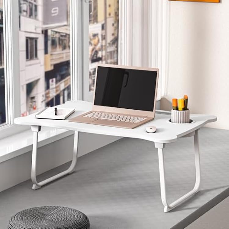 Lap Desk Bed Table Laptop Stand for Bed Lap Tray Bear Shape Foldable Desk Portable Lap Desk Bed Table Tray Folding Couch Laptop Lap Desk with Storage Drawer, Cup Holder & Tablet Slot White