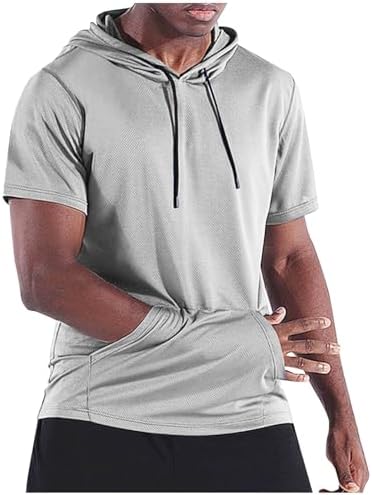Short Sleeve Hooded Shirts for Men Casual Sports Drawstring Breathable T-Shirt with Pocket Lightweight Workout Tops