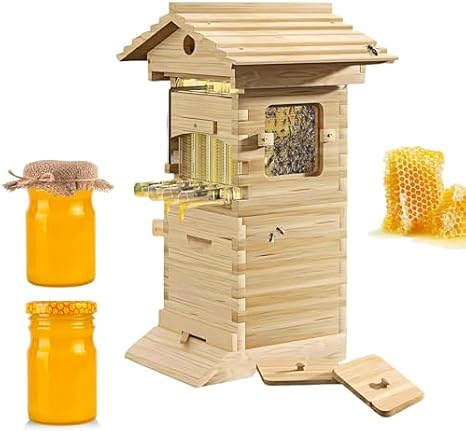 Beehive Starter Kit: Includes 10 frames, a complete beehive with observation windows and a honey flow feeder, and a wooden bee house for garden pollinators.