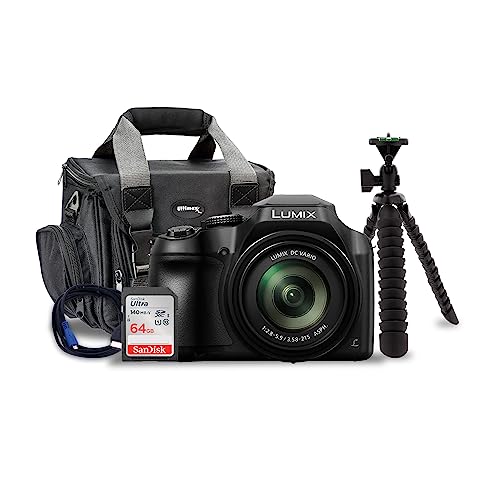 Panasonic LUMIX FZ80D 4K Long Zoom Digital Camera 18.1 MP, 60X, 20-1200mm Lens, Black Bundle with 64 GB Memory Card, Camera System Gadget Bag with Photography Gadget Bag, Tripod, and Cable 5 Items