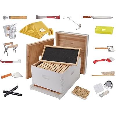 Jumbl 30 Pcs. Beekeeping Starter Set, 10-Frame Sheets White Painted Beehive for Beginners and Professionals, Comprehensive Tool Set, Introduction Booklet, 20 Bees-Wax Sheets for Candle Making