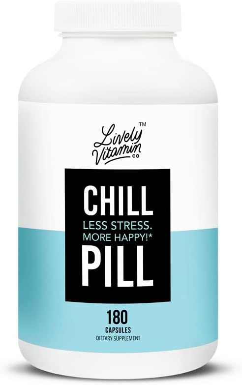 LIVELY VITAMIN CO. Chill Pill - Calm Mood - Relax - Restful Deep Sleep - REM - Stress - Anxiousness - Magnolia Bark - Chamomile - L-Theanine - Passionflower - 5-HTP - 180 Vegan Capsules