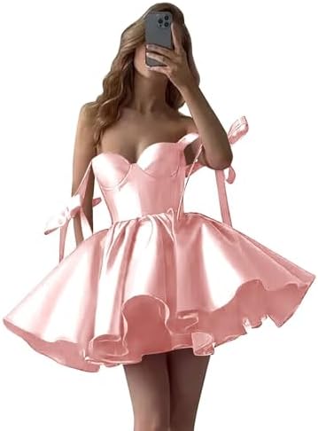 Satin Homecoming Dresses for Teens Spaghetti Straps Short Prom Dress Sweetheart Mini Formal Dress with Bow