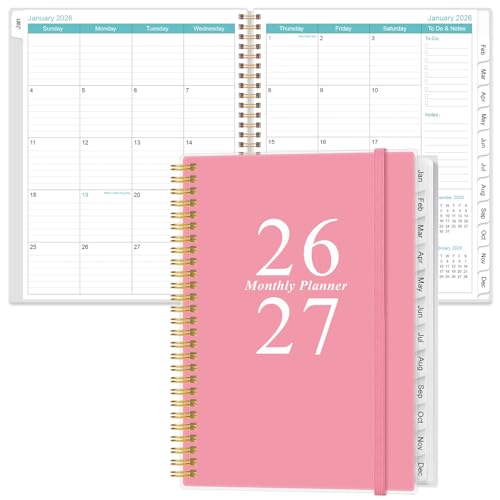 2026-2027 Monthly Planner - 18 Monthly Calendar, January 2026 - June 2027, Two Pages Per Month, 9 x11 Planner with Tabs, Strong Twin-Wire Binding, Inner Pocket, Pink