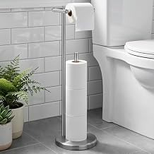 Housolution Toilet Paper Holder Stand, Brushed Nickel Freestanding Toilet Paper Holder with Post Pivoting Design and Stable Weighted Base, Stainless Steel Bathroom Toilet Paper Holder