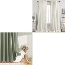 Nanspring Cream Linen Back Tab Curtains 84 Inch Length for Living Room & Sage Green Boho Linen Shower Curtain 72 Inch Long for Bathroom