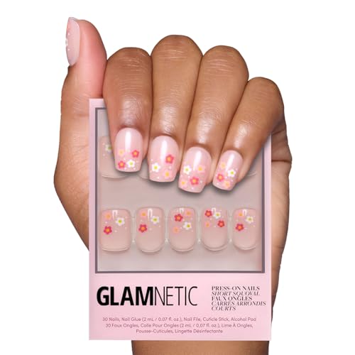 Glamnetic Press On Nails - Pretty Bloom Spring Nails | Glossy, Semi-Transparent Short Squoval Fake Nails with Flower Accents, Salon Quality | 15 Sizes - 30 Nail Kit with Glue