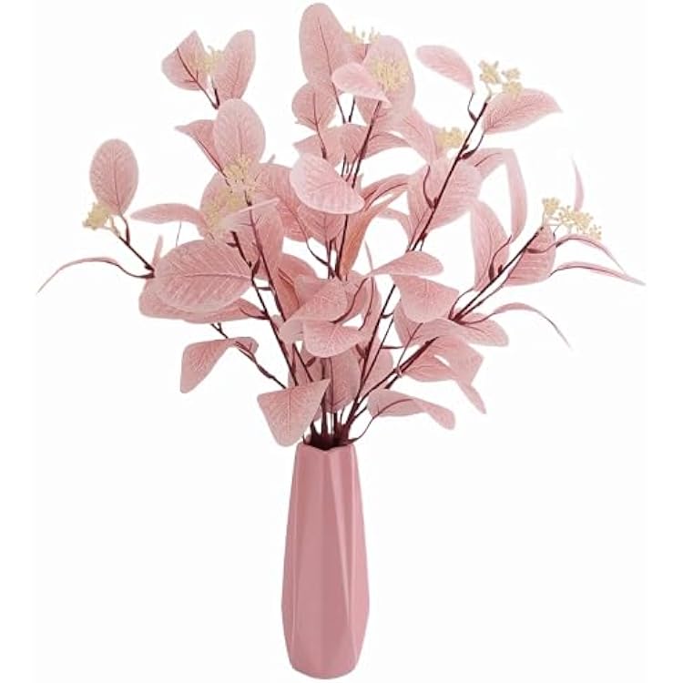 Noonsial 4pcs Artificial Eucalyptus Leaves Stems Faux Eucalyptus Plant Branches for Home Office Wedding Party Centerpiece Vase Flowers Decoration Pink