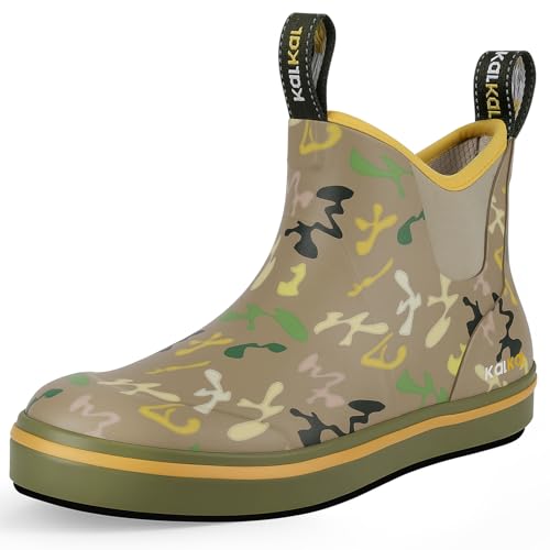 Kalkal Mens Deck Boots Anti-Slip Saltwater Fishing Rain Boots with Memory Foam, Waterproof Rubber Ankle Work Boots for Sailing Size 7-14
