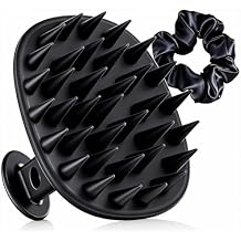 Scalp Massager Shampoo Brush with Satin Scrunchie, Ultrasoft Silicone Scalp Scrubber for Hair Growth & Dandruff Removal - Wet/Dry Exfoliator Brush for All Hair Types - Black