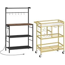 MAHANCRIS Bar Cart for Home and Bakers Rack with Power Outlet Bundle, Microwave Stand with Storage, RCJM6101-BRHR351E01
