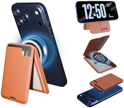 isee Magnetic Wallet with Stand for iPhone 17/16/15/14/13/12, 5-Card Holder with RFID Blocking, Adjustable Magnetic Phone Wallet, MagSafe Sticker Included, Brown