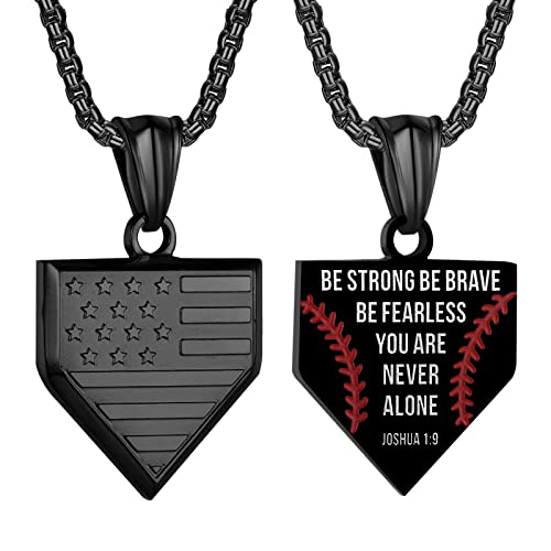 Baseball Home Plate Necklace for Men USA Flag Shield Pendant Stainless Steel Chain 222 inch Inspirational Bible Verse Baseball Gift Personalized Patriotic Jewelry for Men
