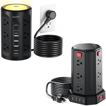 2 Pack Night Light Surge Protector Power Strip Tower