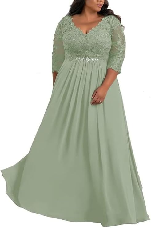3/4 Sleeve Mother of The Bride Dresses for Women - Chiffon Lace Applique V-Neck Long Wedding Guest Formal Evening Gown