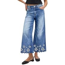 chouyatou Women's Boho Floral Embroidery Wide Leg Jeans Y2k Distressed Baggy Jeans High Waisted Cropped Denim Pants