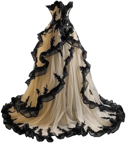 Mouccy Gothic Black Lace Wedding Dresses for Bride Strapless Tulle Bridal Gowns with Train A-line Wedding Gown with Ruffles