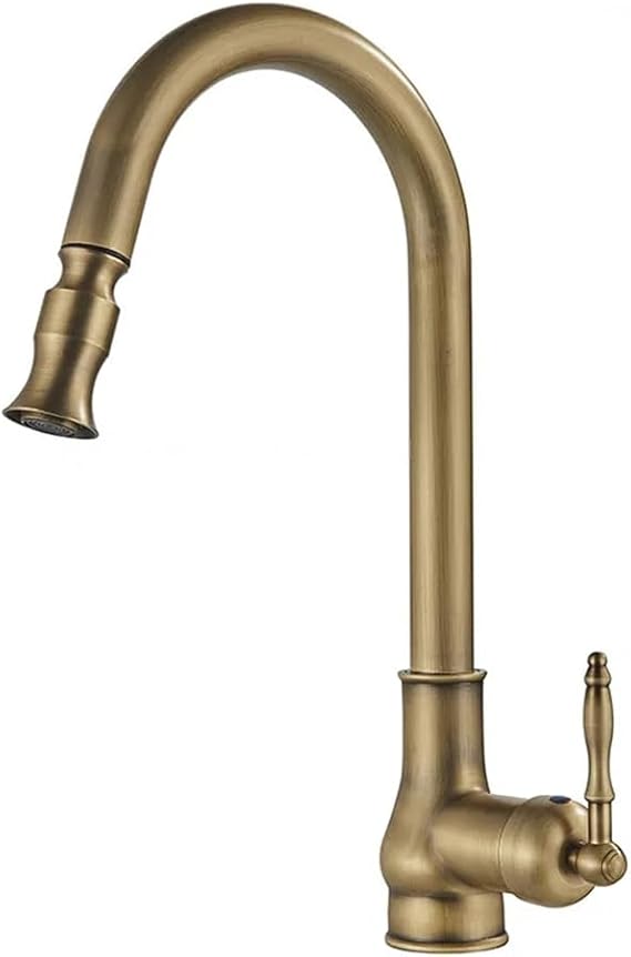 Kitchen Tap with Pull Out Spray High Arc Pull Down Sink Mixer Taps, Antique Style Brass Single Lever 360° Swivel Commercial Kitchen Faucet, 1 Hole, Antique Brass Finished