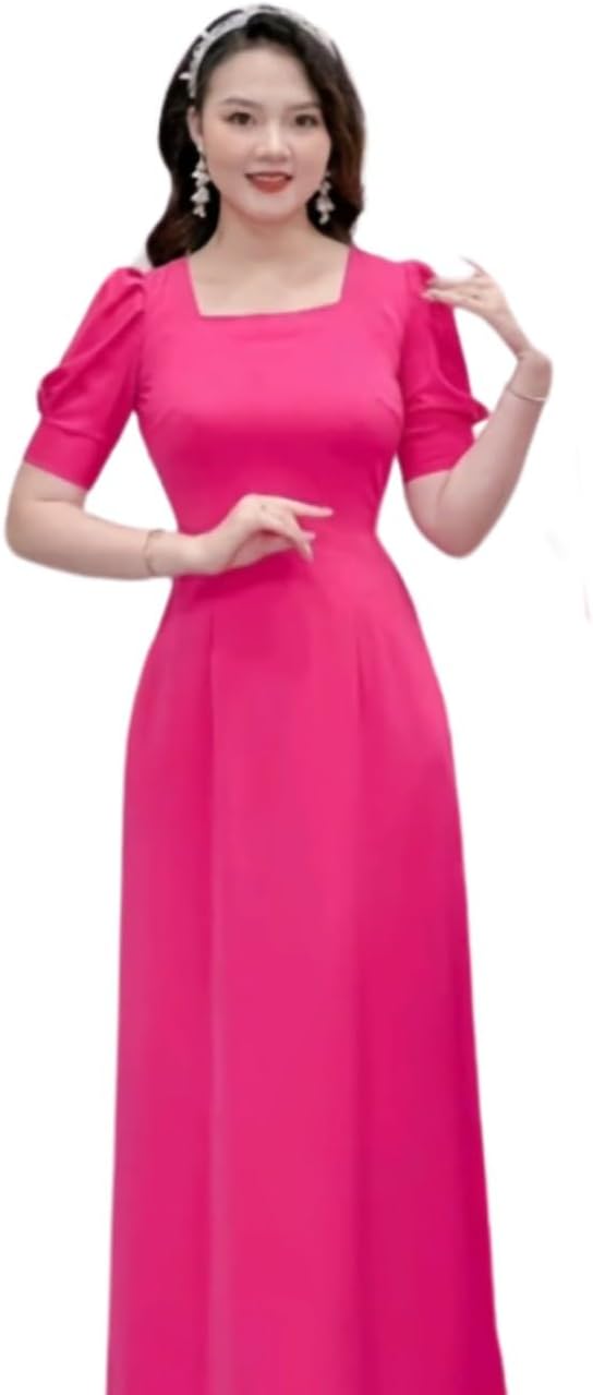 Vietnamese Ao Dai. Plain Ao Dai, Square Neck, Puff Sleeves, Japanese Silk Material. Ao Dai and Pants Set