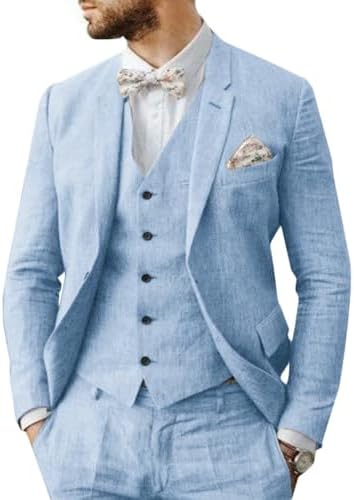 Mens 3-Piece Linen Suit Slim Fit Casual Suits Groomsmen Tuxedo Summer Beach Wedding Suits Set