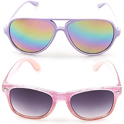 Bench 2-Pack Shatter-Resistant Lightweight UV 400 Protected Kids Sunglasses: Aviator Light Purple Frame w Rainbow Lenses and Square Coral Glitter Frame w Smoky Lenses, Designer Sunglasses for Kids