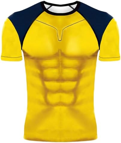 Superhero Costume T-Shirt Mens Compression Sport Workout Shirt Yellow Men, SM, Medium, Short Sleeves