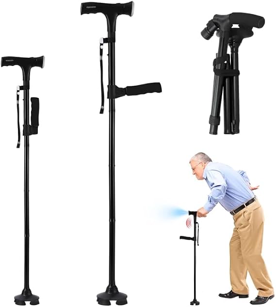 Standing Aid with LEStanding Aid with LED Light and Alarm,Walking Stick with Ergonomic Handle Grip, Foldable & Adjustable Walking Cane Stick for Elderly Men and Women(1 pc)