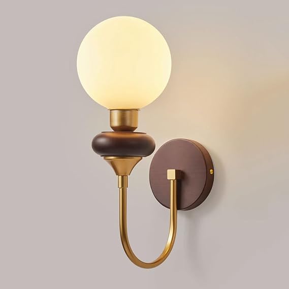 Vintage Wood Wall Sconce Globe Milk White Glass Wall Lamp Antique Brass Finish Metal Wall Light, Nordic Modern Deco Lighting Fixture Retro Walnut Wooden Sconces for Living Room Hallway