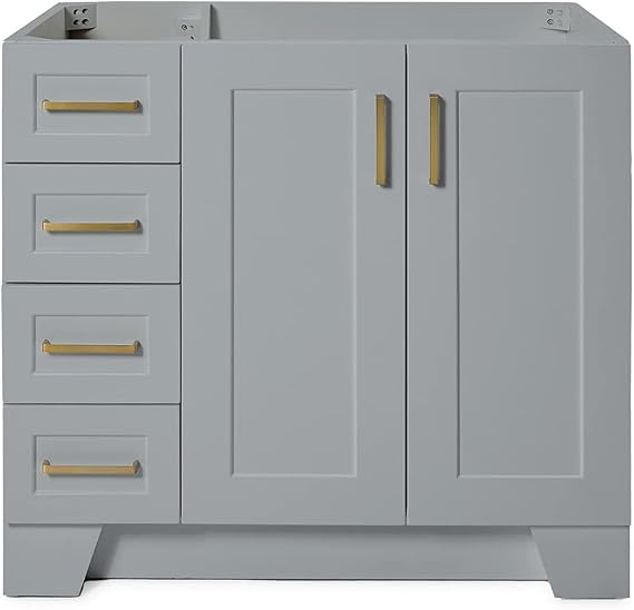 ARIEL Taylor 36-inch Bathroom Vanity Base Cabinet,Solid Wood, 2 Soft Closing Doors, 5 Dovetail Drawers, Satin Brass, Grey