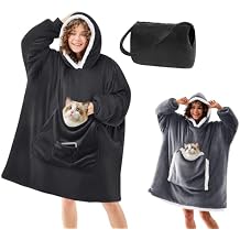 JOYWOO Black Foldable Wearable Blanket Hoodie and Wearable Blanket,Gifts for Women Mom Men,Oversized Cat Lovers Cozy Sherpa Blankets
