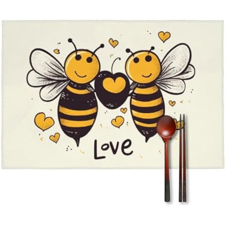 Bee Love Honeys Placemats Set of 4-17.7x11.8 Inch Washable Non-Slip Table Mats, Durable Wipeable Kitchen & Dining Mats for Party Decor, Home Table Setting, OilScratch Protection
